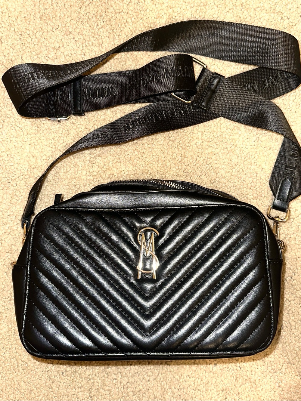 Steve Madden Black Quilted Crossbody Bag with Silver Logo